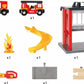 Brio World Central Fire Station set including figures, trucks, a slide, fire, and other accessories, displayed on a white background.