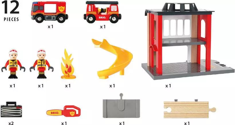 Brio World Central Fire Station set including figures, trucks, a slide, fire, and other accessories, displayed on a white background.