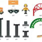 The BRIO Lift & Load Warehouse Set by Brio is a 32-piece wooden railway set that includes a worker figure, vehicles, stackable bridges, and construction elements.