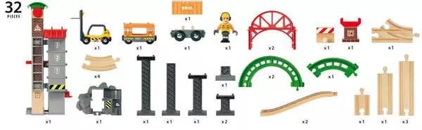 The BRIO Lift & Load Warehouse Set by Brio is a 32-piece wooden railway set that includes a worker figure, vehicles, stackable bridges, and construction elements.