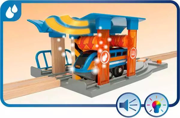 Explore the BRIO World Action Tunnel Deluxe Set by Brio, featuring railway excitement with blue and orange accents. A train car smoothly travels on a wooden track enriched with Action Tunnel technology, while icons for water, sound, and light effects brighten the bottom corner.