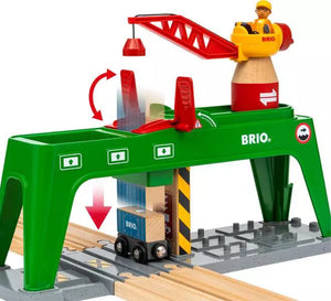 Brio World toy train set includes a Container Crane and a train, perfect for playing with railway accessories and shipping containers.