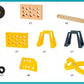 Assortment of 55 construction toy pieces including gears, beams, panels, a wrench, and a yellow Volvo Hauler labeled with BRIO Builder logo for ages 3-7.