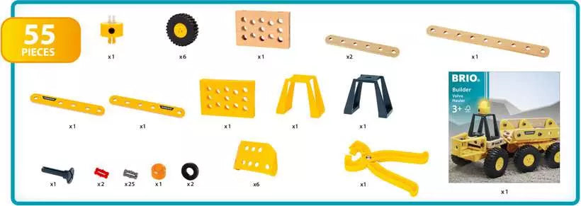 Assortment of 55 construction toy pieces including gears, beams, panels, a wrench, and a yellow Volvo Hauler labeled with BRIO Builder logo for ages 3-7.