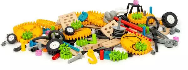 A vibrant pile of colorful parts from the BRIO Builder Activity Set—gears, wheels, beams, and connectors—lay scattered on a white background, inviting endless possibilities for open-ended construction play. Perfect for the Brio enthusiast eager to unleash their creativity.