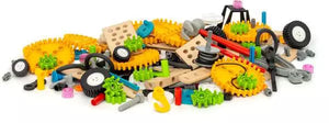 A vibrant pile of colorful parts from the BRIO Builder Activity Set—gears, wheels, beams, and connectors—lay scattered on a white background, inviting endless possibilities for open-ended construction play. Perfect for the Brio enthusiast eager to unleash their creativity.