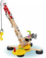 The BRIO Builder Activity Set by Brio is a toy crane model equipped with wheels and gears, ideal for open-ended construction play. It features a wooden arm, yellow hook, and black wheels to deliver a realistic mechanical design experience.