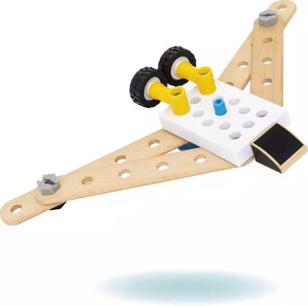 The BRIO Builder Activity Set by Brio features a toy plane that integrates both wooden and plastic components, including black wheels, yellow and blue connectors, and wings with perforations. Ideal for open-ended construction play, it stimulates creativity against a clean white backdrop.