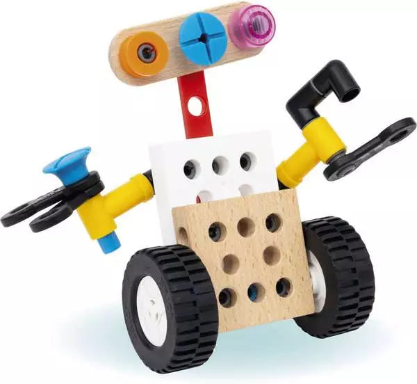 The BRIO Builder Activity Set by Brio includes a small robot toy composed of wooden and plastic parts, featuring wheels, a block body, and vibrant components for the arms and head. This construction toy encourages open-ended play.