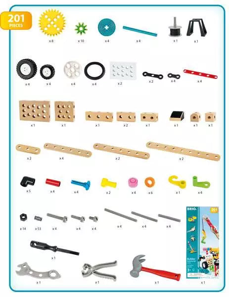 The BRIO Builder Activity Set by Brio comprises 201 toy construction pieces, such as gears, wheels, screws, wrenches, and connectors. These components are neatly displayed in a grid with labeled quantities, making it ideal for open-ended construction play.