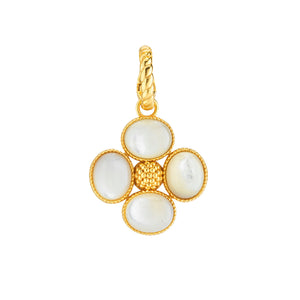 The Berry Clover Double Sided Pendant by Juliska Capucine De Wulf features four oval white stones in a cross pattern with a textured gold center and twisted gold loop—an elegant lucky charm for any occasion.