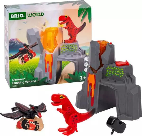 Begin your prehistoric adventures with the BRIO World Dinosaur Erupting Volcano toy set, which includes a dinosaur, erupting volcano, and pterodactyl. The vibrant packaging boldly labeled "BRIO World" enhances the excitement of your playtime journey.