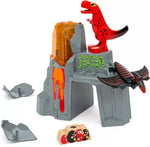 A toy dinosaur and pterodactyl are positioned on the BRIO World Dinosaur Erupting Volcano structure by Brio, featuring lava details that ignite prehistoric adventures, along with additional toy parts included on the side.