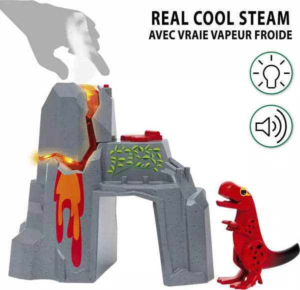 BRIO World Dinosaur Erupting Volcano set, perfect for prehistoric adventures, features a steaming volcano. A hand visible above emits steam while the text "Real Cool Steam" is displayed alongside light and sound feature icons, enhancing the Brio experience.