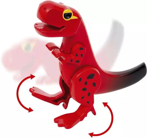 The BRIO World Dinosaur Erupting Volcano from Brio features a red toy dinosaur with black spots in a walking stance, perfect for imaginative prehistoric adventures. Arrows highlight the movement of its legs and tail, encouraging young explorers to envision an erupting volcano nearby.