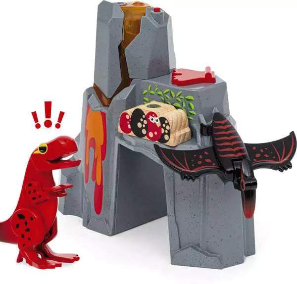 The BRIO World Dinosaur Erupting Volcano by Brio includes a toy dinosaur and pterodactyl navigating a volcano-themed structure, featuring lava flows and dinosaur eggs, making it ideal for inspiring prehistoric adventures.