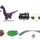 Image of the BRIO Dinosaur Adventure Set by Brio. This 21-piece set includes a pteranodon, two brachiosaurus, transport vehicles, a tree, an egg nest, track pieces, and other accessories for endless dinosaur-themed play.