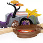 The BRIO Dinosaur Adventure Set by Brio includes a toy dinosaur playset featuring a purple dinosaur, yellow flying dino, tree, cave, wooden tracks for thrilling dinosaur-themed play, and a fossil illustration.