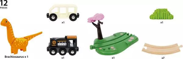 The BRIO World Dinosaur Circle Set by Brio is a vibrant collection of 12 colorful toy pieces, featuring a brachiosaurus, toy bus, train car with BRIO magnet, track, tree with pink foliage, and shrub.