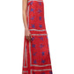A person wearing the Staud Laura Linen Maxi Dress, a sleeveless red summer dress with blue star-like patterns and adjustable spaghetti straps, paired with black sandals.