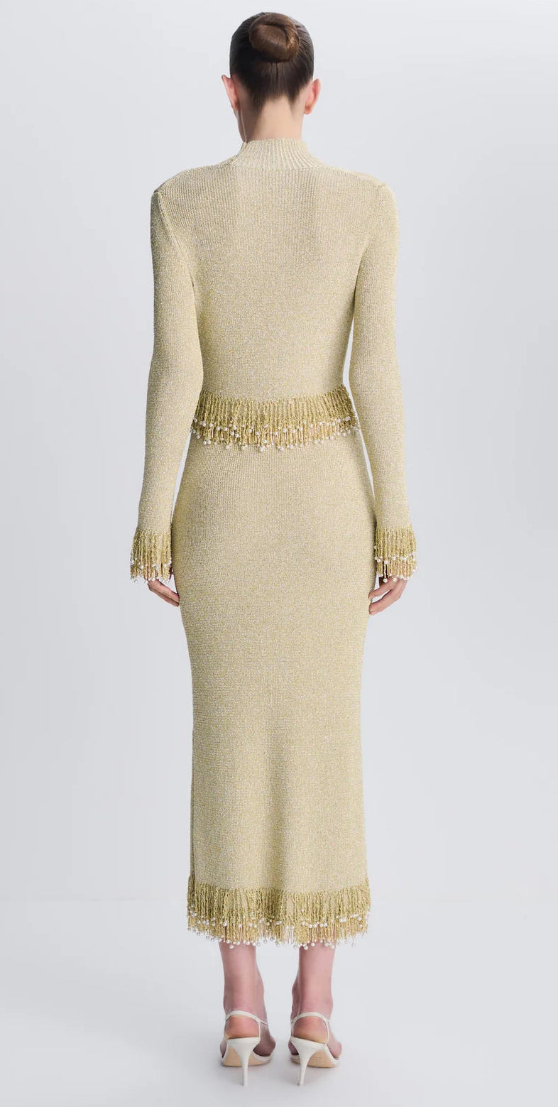 Back view of the Simkhai Tali Pearl Fringe Top in a gold metallic bouclé knit with pearl fringe detailing at the waist, cuffs, and hem.