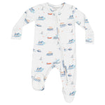 The Angel Dear Baby 2-Way Bamboo Zipper Footie features a soft bamboo fabric, front zipper, and an all-over blue and orange boats print.