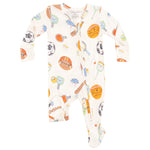 Angel Dear Baby Boys' 2-Way Zipper Footie features playful sports prints—balls, bats, paddles, and helmets—on a white background. This long-sleeve bamboo footie combines comfort and convenience for your little one.