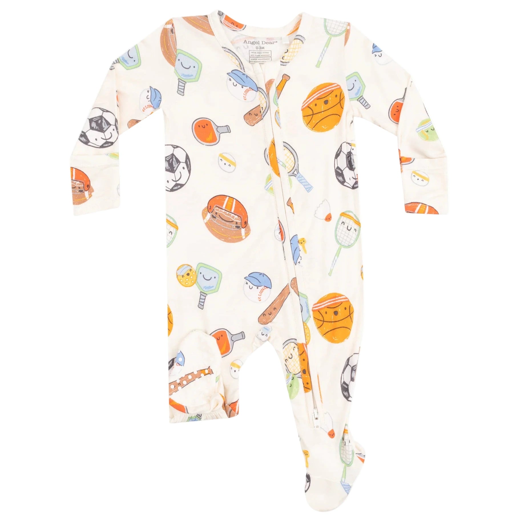 Angel Dear Baby Boys' 2-Way Zipper Footie features playful sports prints—balls, bats, paddles, and helmets—on a white background. This long-sleeve bamboo footie combines comfort and convenience for your little one.
