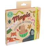 The Floss and Rock Jungle Water Pen & Cards boxed set includes animal-themed color-in cards, a refillable water pen, and a green elastic band. Perfect for travel, these reusable cards reveal vibrant images of a tiger, gorilla, capybara, giraffe, and snake—just fill the pen with water to watch the magic unfold!.