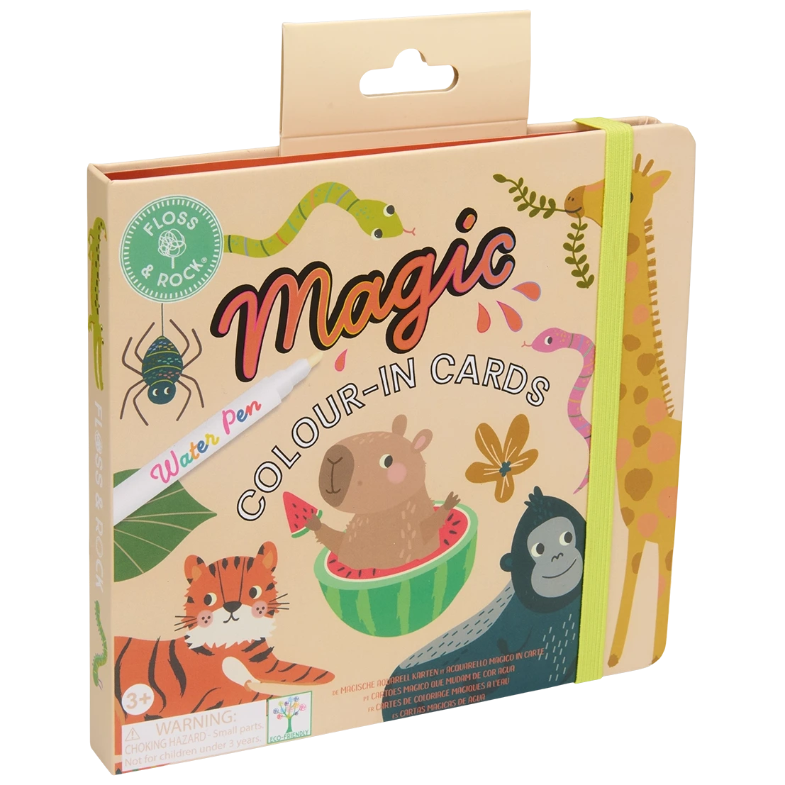 The Floss and Rock Jungle Water Pen & Cards boxed set includes animal-themed color-in cards, a refillable water pen, and a green elastic band. Perfect for travel, these reusable cards reveal vibrant images of a tiger, gorilla, capybara, giraffe, and snake—just fill the pen with water to watch the magic unfold!.