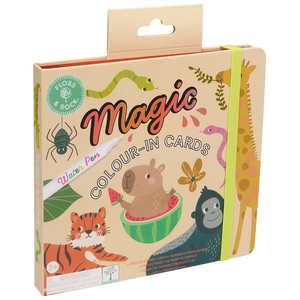 The Floss and Rock Jungle Water Pen & Cards boxed set includes animal-themed color-in cards, a refillable water pen, and a green elastic band. Perfect for travel, these reusable cards reveal vibrant images of a tiger, gorilla, capybara, giraffe, and snake—just fill the pen with water to watch the magic unfold!.