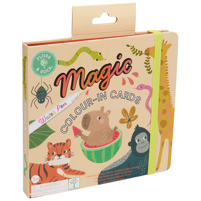 The Floss and Rock Jungle Water Pen & Cards boxed set includes animal-themed color-in cards, a refillable water pen, and a green elastic band. Perfect for travel, these reusable cards reveal vibrant images of a tiger, gorilla, capybara, giraffe, and snake—just fill the pen with water to watch the magic unfold!.