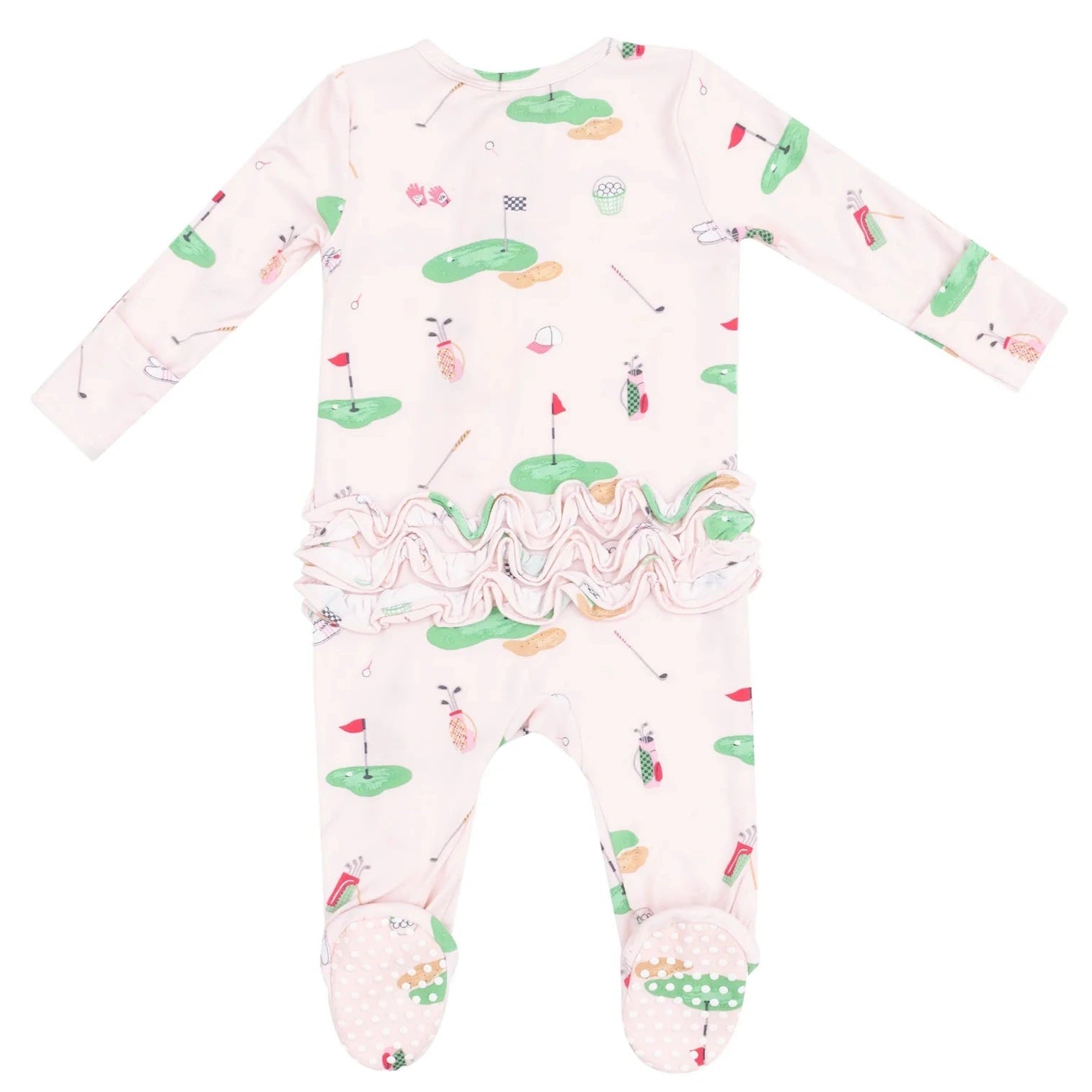 The Angel Dear Baby Girl's 2-Way Bamboo Ruffle Back Zipper Footie features a golf-themed print and waist ruffles, made from soft pastel bamboo fabric for comfort.