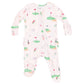 The Angel Dear Baby Girl's 2-Way Bamboo Ruffle Back Zipper Footie is a long-sleeved onesie made from soft bamboo, featuring a golf-themed print with greens, flags, clubs, and balls on a light background.