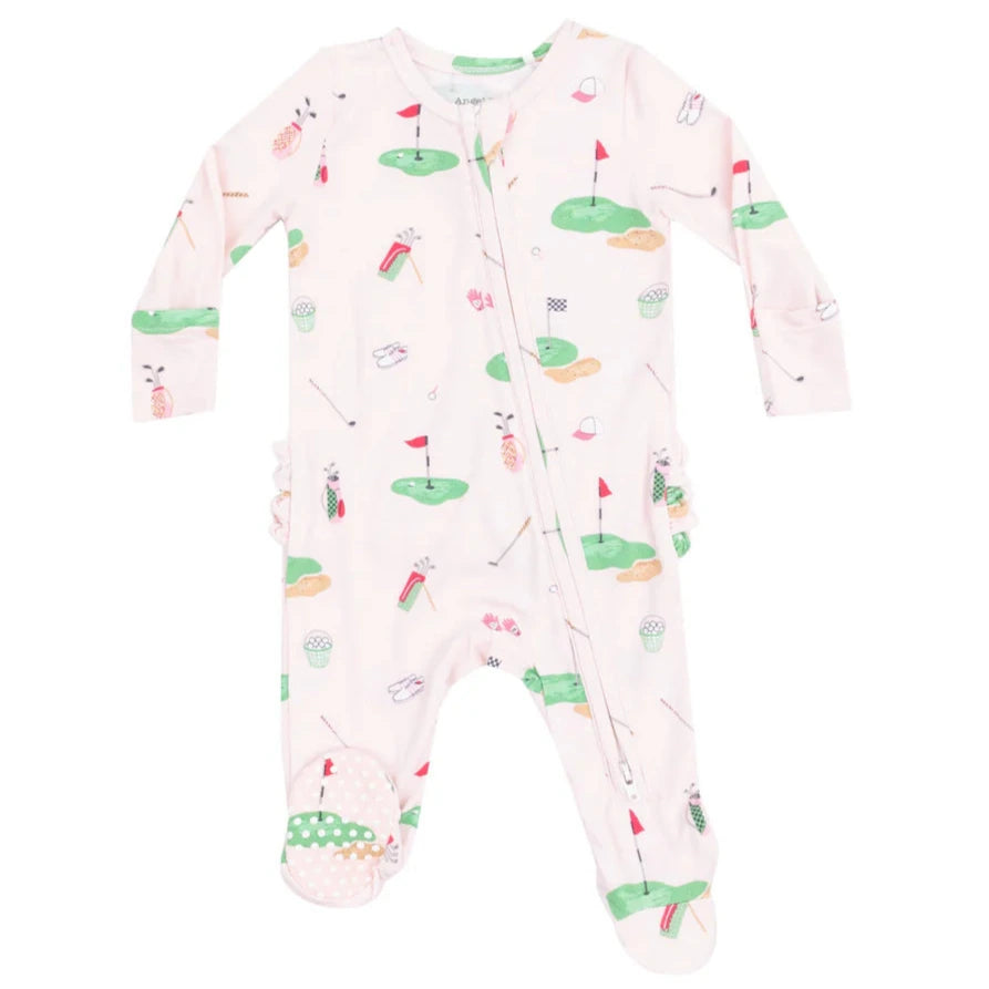 The Angel Dear Baby Girl's 2-Way Bamboo Ruffle Back Zipper Footie is a long-sleeved onesie made from soft bamboo, featuring a golf-themed print with greens, flags, clubs, and balls on a light background.