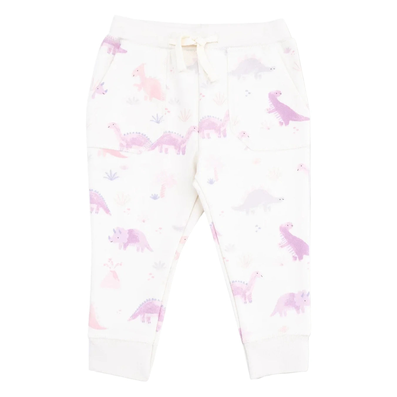 Angel Dear’s Baby Girls' and Girls' French Terry Ruffle Sweatshirt and Jogger Pant set features white joggers with pink and purple dinosaur prints, elastic waistband, drawstring, side pockets, and cuffed ankles—perfect for a cozy, charming outfit.