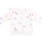 Angel Dear Baby Girls' and Girls' French Terry Ruffle Sweatshirt, featuring a pastel dinosaur print and shoulder ruffles, is shown laid flat on a white background.