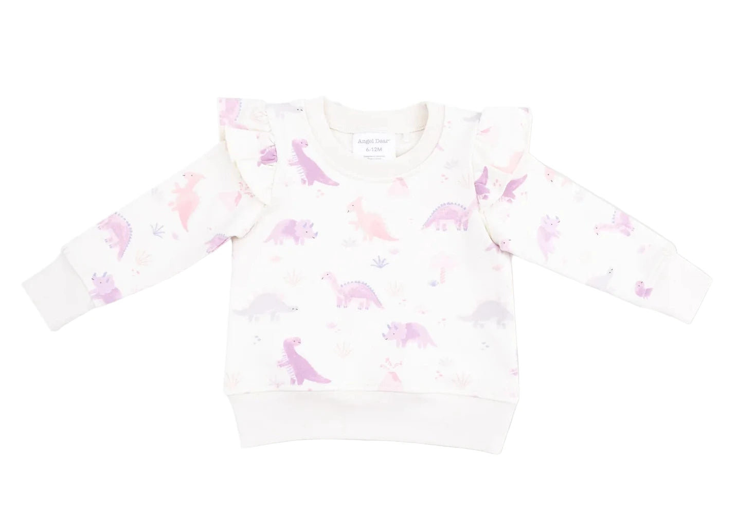 Angel Dear Baby Girls' and Girls' French Terry Ruffle Sweatshirt, featuring a pastel dinosaur print and shoulder ruffles, is shown laid flat on a white background.