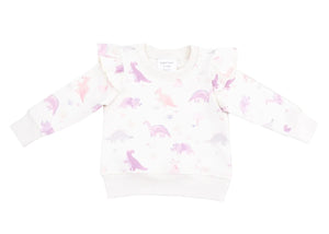 Angel Dear Baby Girls' and Girls' French Terry Ruffle Sweatshirt, featuring a pastel dinosaur print and shoulder ruffles, is shown laid flat on a white background.
