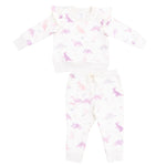The Angel Dear Baby Girls' and Girls' French Terry Ruffle Sweatshirt and Jogger Pant set features a pastel pink and purple dinosaur print on soft, white fabric, with a long-sleeve ruffle top and comfy joggers.