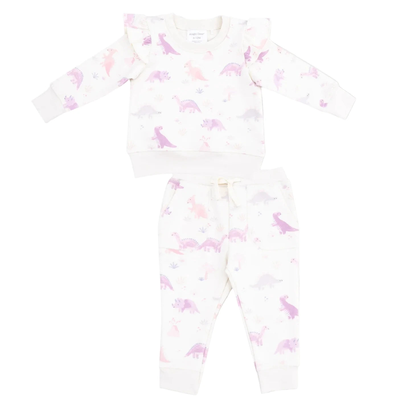 The Angel Dear Baby Girls' and Girls' French Terry Ruffle Sweatshirt and Jogger Pant set features a pastel pink and purple dinosaur print on soft, white fabric, with a long-sleeve ruffle top and comfy joggers.