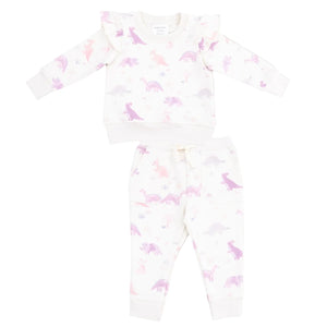 The Angel Dear Baby Girls' and Girls' French Terry Ruffle Sweatshirt and Jogger Pant set features a pastel pink and purple dinosaur print on soft, white fabric, with a long-sleeve ruffle top and comfy joggers.