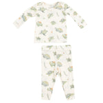 The Angel Dear Baby Girls' Rib Lounge Wear Set is a two-piece pajama with long sleeves and pants, featuring a turtle and foliage print on white ribbed modal for snug, cozy comfort all night.