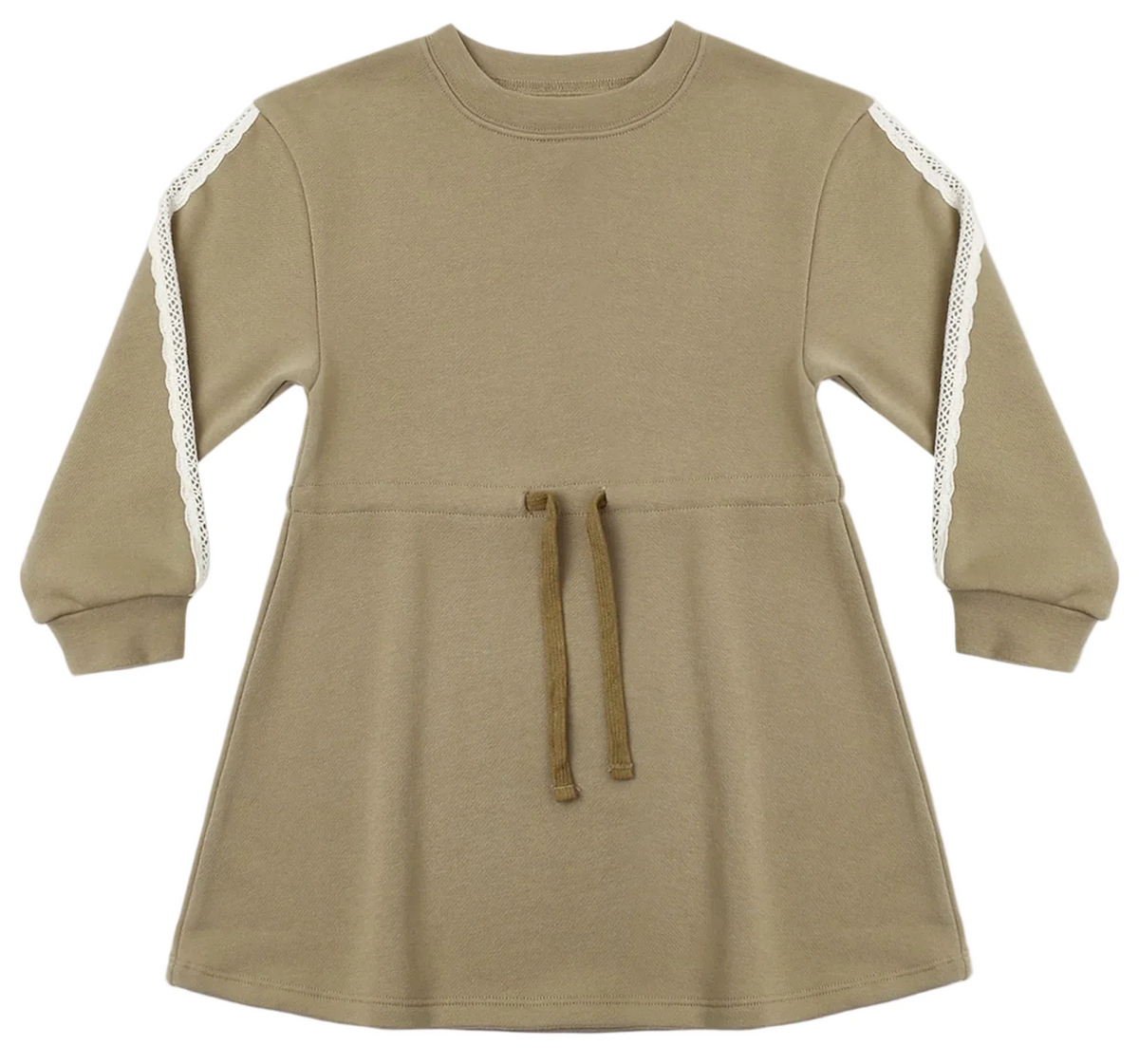 Girls’ Tate Dress by Rylee & Cru—long-sleeve khaki dress with a round neck, white lace trim on the sleeves, and a gathered waist featuring an adjustable drawstring tie at the front.