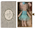 A small Maileg Dance Mouse in Daybed, Little Sister, wears a blue dress and headband and lies in a patterned box.