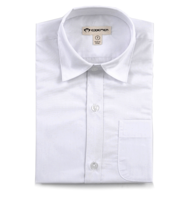 A white tailored Appaman longsleeve shirt with a spread collar, buttoned front, and chest pocket, displayed flat.