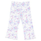 The Angel Dear Girls' Ruffle Shoulder Waffle Shirt + Ribbed Flare Pant set features white ribbed flare pants with a blue and pink floral pattern and ruffled hems—perfect for a comfy kids outfit.