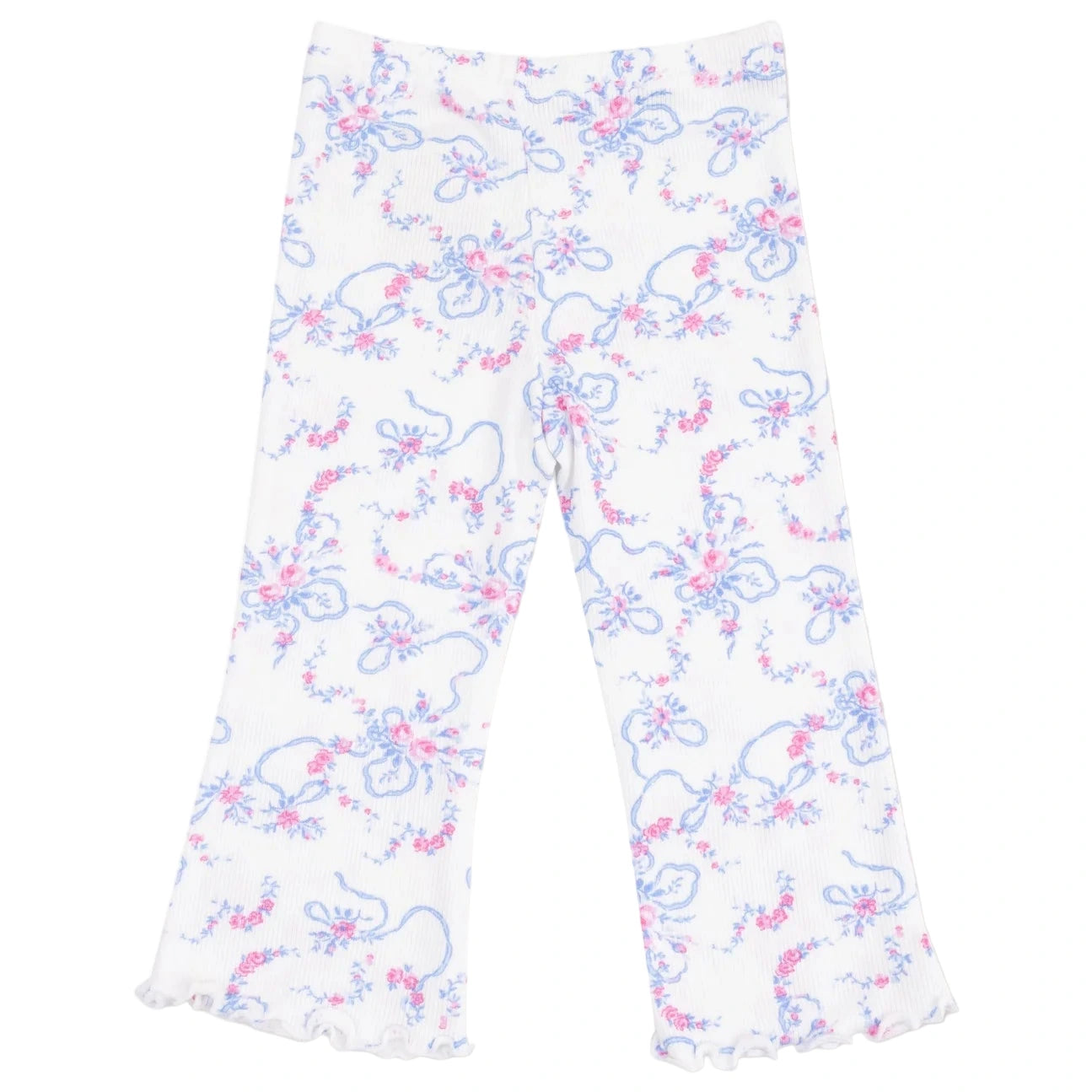 The Angel Dear Girls' Ruffle Shoulder Waffle Shirt + Ribbed Flare Pant set features white ribbed flare pants with a blue and pink floral pattern and ruffled hems—perfect for a comfy kids outfit.