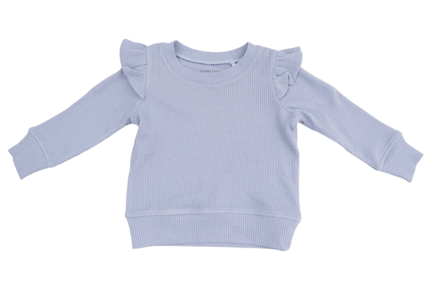 The Angel Dear Girls' Ruffle Shoulder Waffle Shirt + Ribbed Flare Pant in light purple is shown laid flat on a white background, featuring long sleeves and ruffled shoulders.