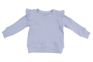 The Angel Dear Girls' Ruffle Shoulder Waffle Shirt + Ribbed Flare Pant in light purple is shown laid flat on a white background, featuring long sleeves and ruffled shoulders.